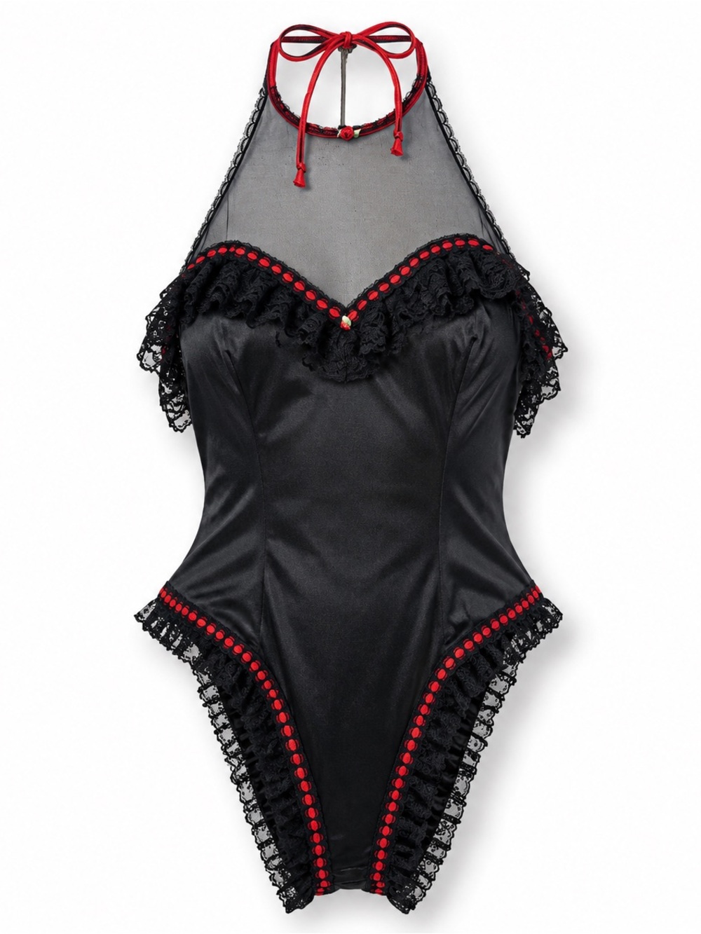 Vintage Undercover Wear Teddy Bodysuit M Black Red Lace Sheer Halter USA